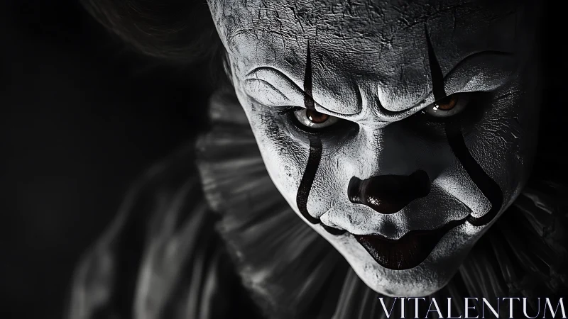 Sinister horror clown close-up under dramatic lighting.