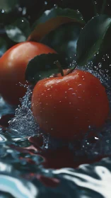 Hydrodynamic splash study with specular apples and foliage.