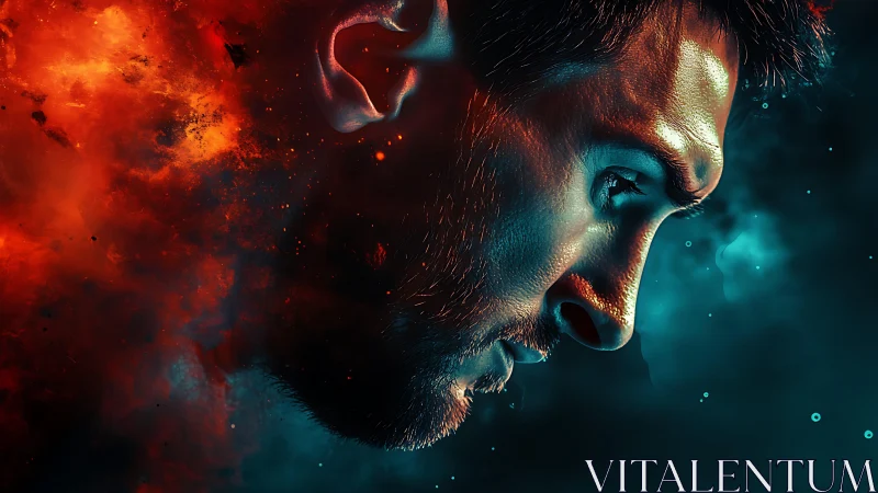 Bicolor nebular portrait of focused male profile in flux.