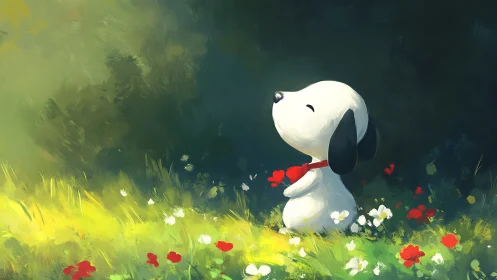 Cartoon dog figure in sunlit meadow with wildflowers.