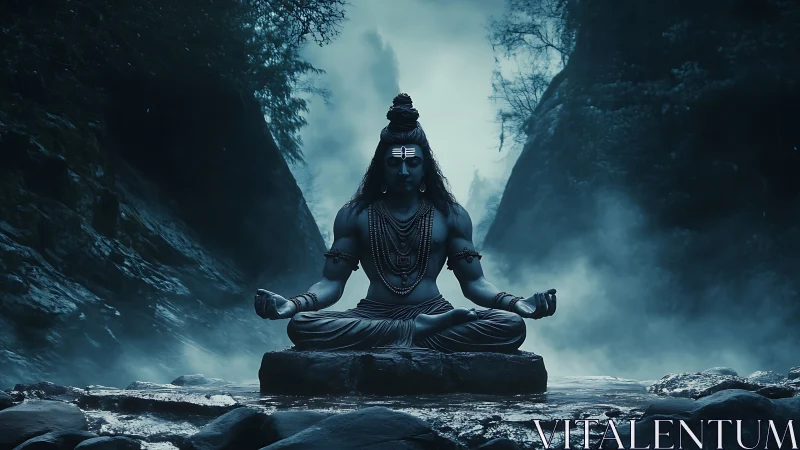Meditating blue-skinned deity in misty river gorge scene.