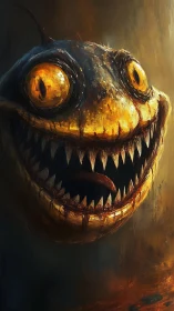 Predatory deep-sea creature with glowing eyes and razored grin.