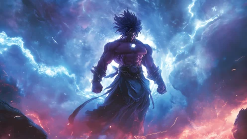 Stormforged warrior strides through riven cosmic thunder