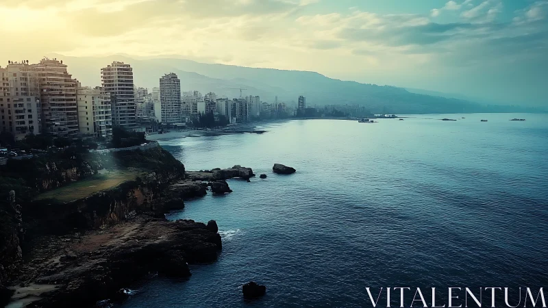 Soft coastal sunrise welcomes a tranquil seaside cityscape