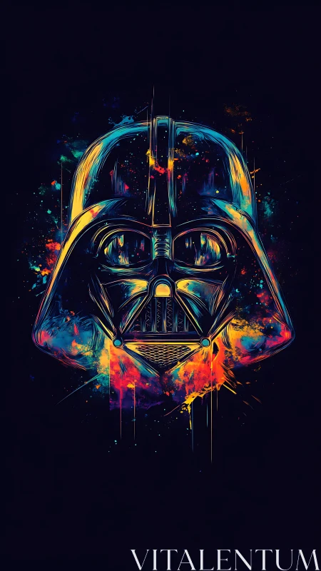 Neon-lit dark helmet emerges from cosmic splatter glow