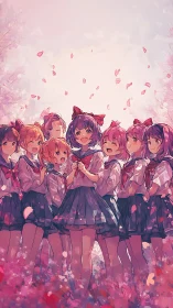 Springtime reunion of smiling schoolgirls under blossoms.