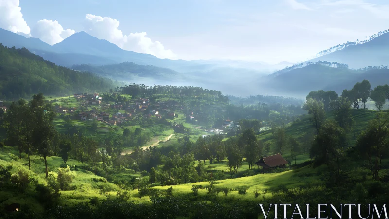 Morning light over quiet mountain village and green valleys.