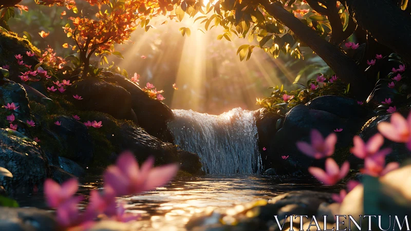 Golden sunbeams illuminate a tranquil forest flower stream