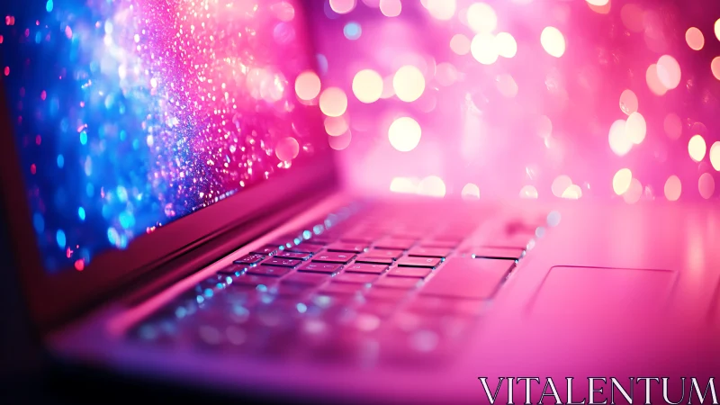 Neon laptop keyboard with glowing bokeh screen lights.