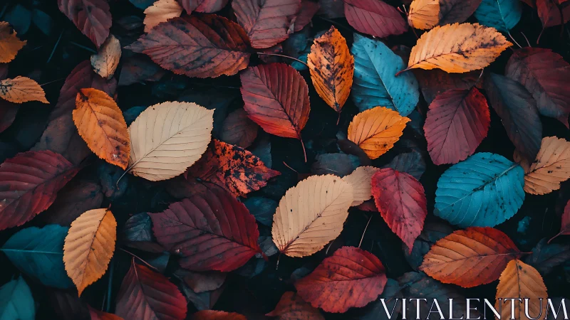 High-saturation autumn leaves with teal-orange color contrast