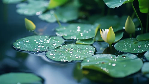 Water droplets rest on lily pads around a white water flower