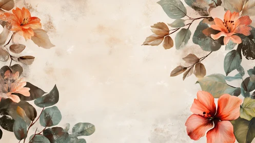 Coral Flowers with Foliage on Neutral Textured Background.