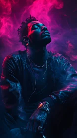 Male figure in neon smoke with high contrast lighting.