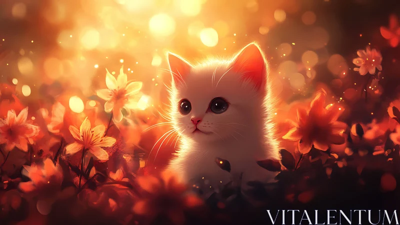 White Feline in Luminous Floral Environment with Golden Atmospheric Effects