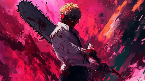 Blood-soaked chainsaw hero framed by wild crimson energy.