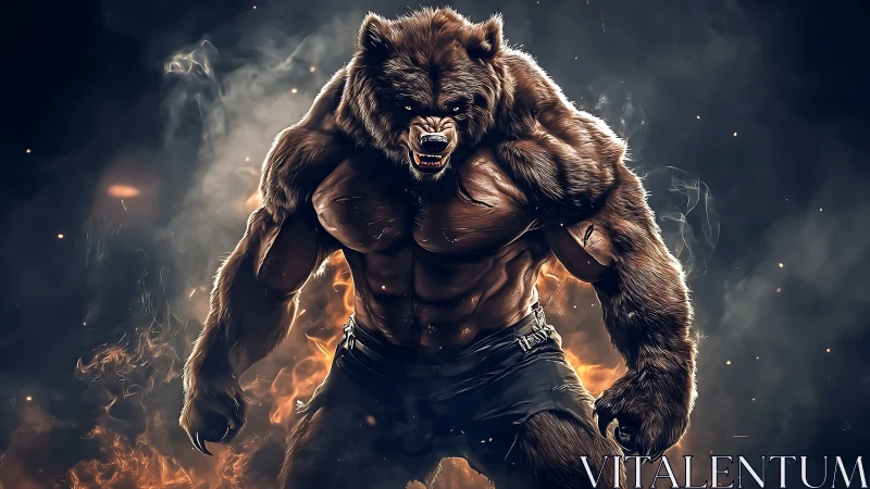 Raging werebear titan amid swirling embers and smoke.