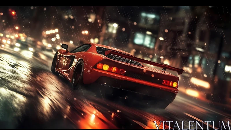 Low-angle red supercar drifts through wet neon city streets at night