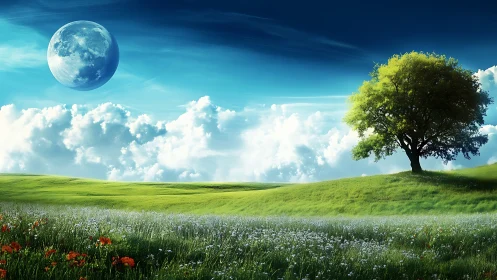 Soft moonrise over whispering fields of green and bloom.