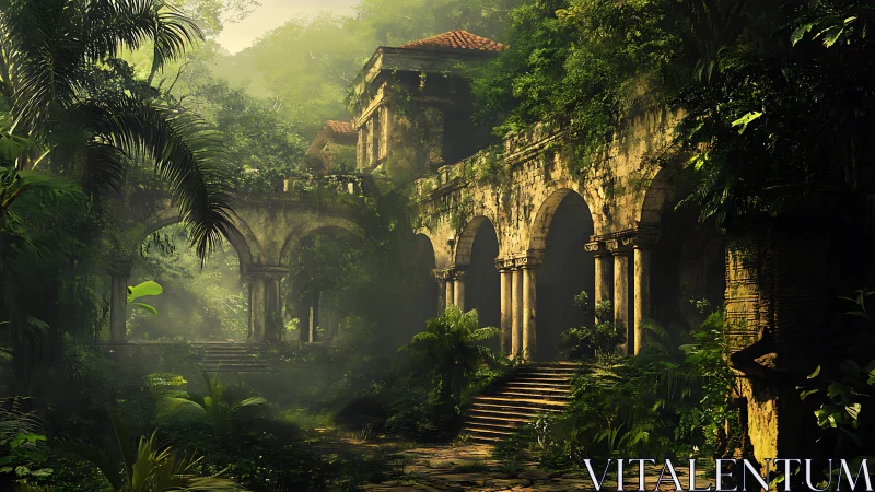 Sunlit jungle ruins embrace ancient stone arches silently.