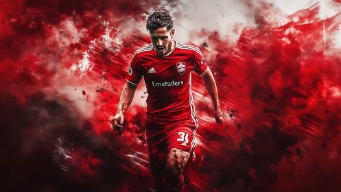 Soccer player in red kit amid abstract red motion background.