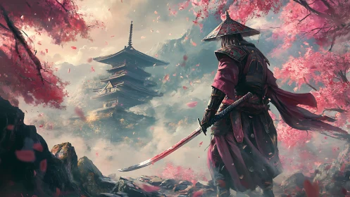 Samurai warrior before pagoda in cherry blossom landscape.