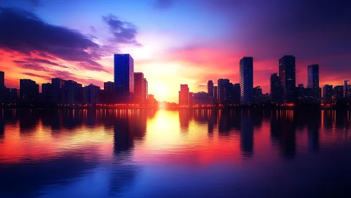Neon dusk skyline blazing over glassy mirror of water.