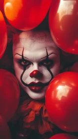 Clown face with white makeup is framed by clustered red balloons