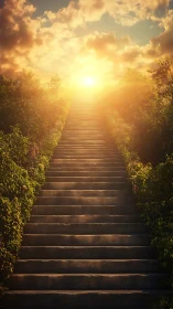 Sunlit garden staircase leading toward a glowing horizon.