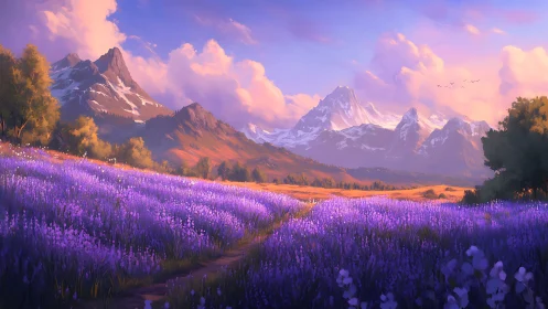 Lavender valley unfolds beneath glowing sunset mountains