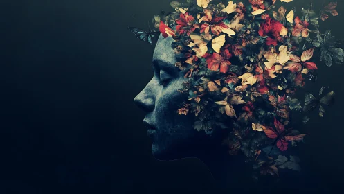 Surreal profile portrait with butterflies and leaves bloom