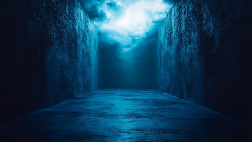Blue corridor with textured walls under glowing sky.