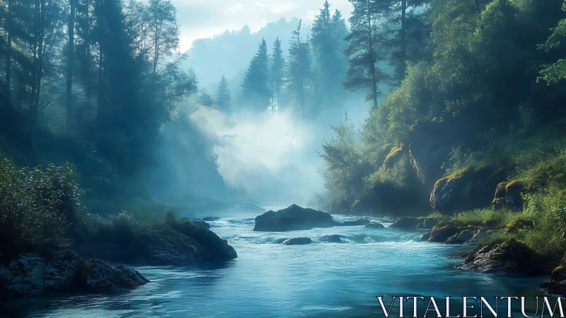 Morning river mist drifts gently through a peaceful forest