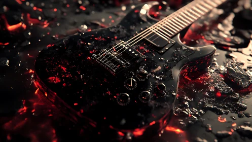 Electric guitar lies on reflective surface with glowing embers