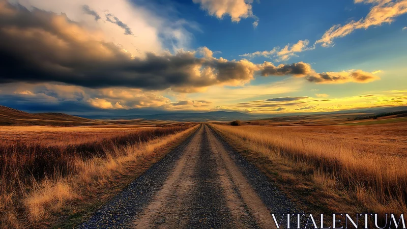 Gravel road cuts through golden prairie under storm sky.
