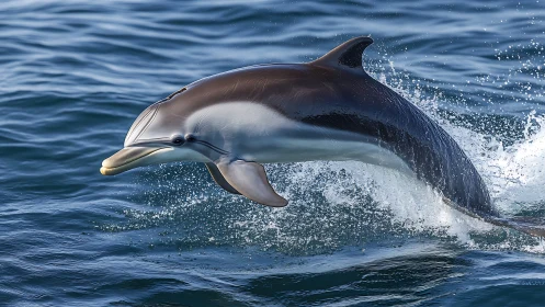 Dolphin captured mid leap above blue ocean surface water.