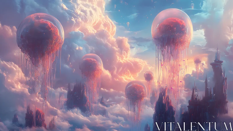 Skyward jelly cities drift softly through burning cotton clouds