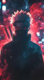 Mystical masked ninja emerges from glowing red and blue haze