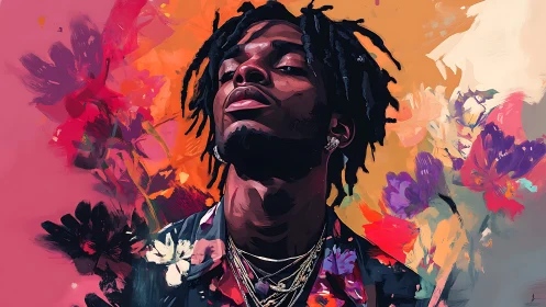 Bloom-lit swagger king rising through electric florals.