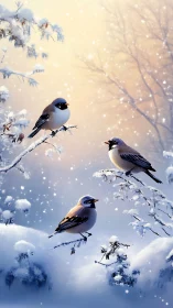 Gentle songbirds share quiet conversation in a snowy dawn glow