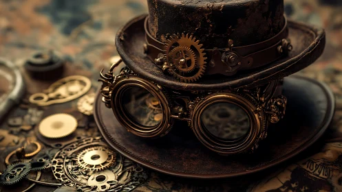 Steampunk hat with goggles and brass gear components on table.