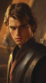 Cinematic young warrior portrait in warm dramatic lighting.