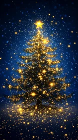 Radiant Christmas tree with golden star on deep blue night.