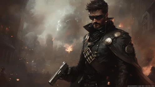 Cyber-noir gunman surveys burning city in cinematic chiaroscuro