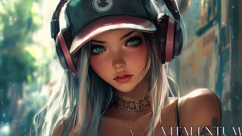 Digital portrait of urban girl in headphones and cap.
