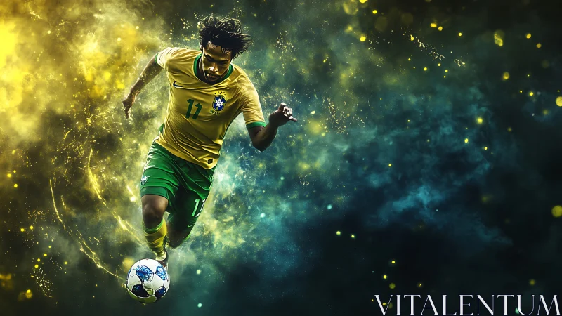 Brazilian midfield comet slicing through electric stardust pitch.