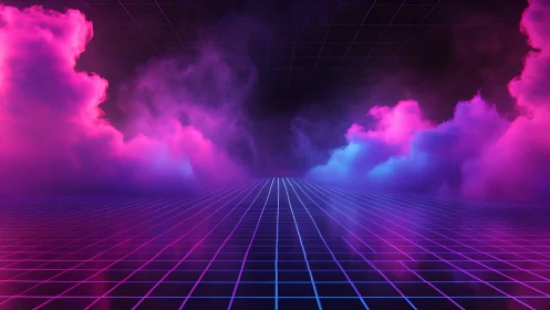 Neon fog horizon over endless retro gridway dreaming.