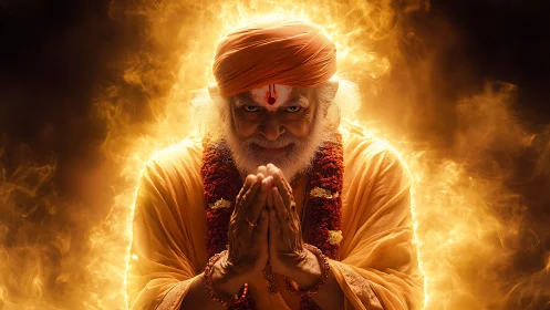 Mystic Hindu sage in fiery halo with folded hands in prayer.