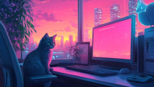 Neon lit cat watches glowing monitor over dusk city