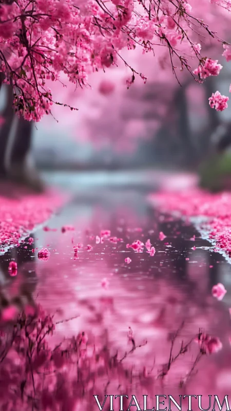 Cherry blossom branches hang over reflective pink waterway.