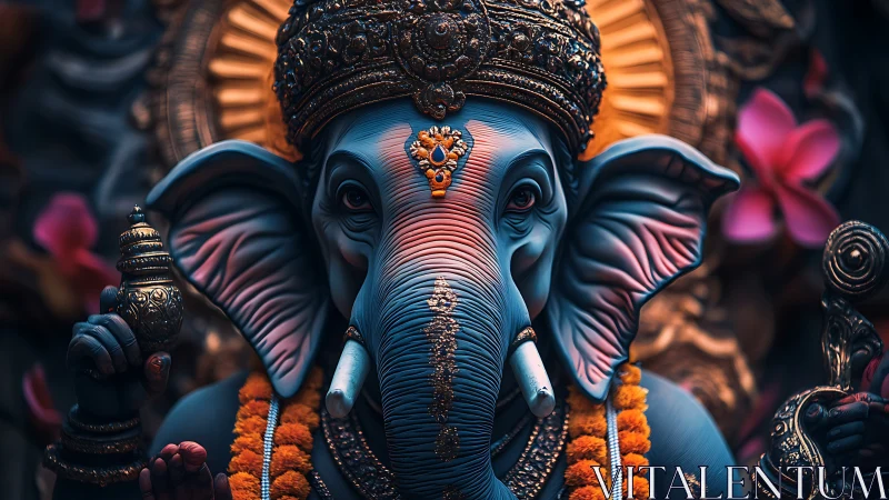 Ornate blue Ganesha idol rendered in cinematic digital lighting